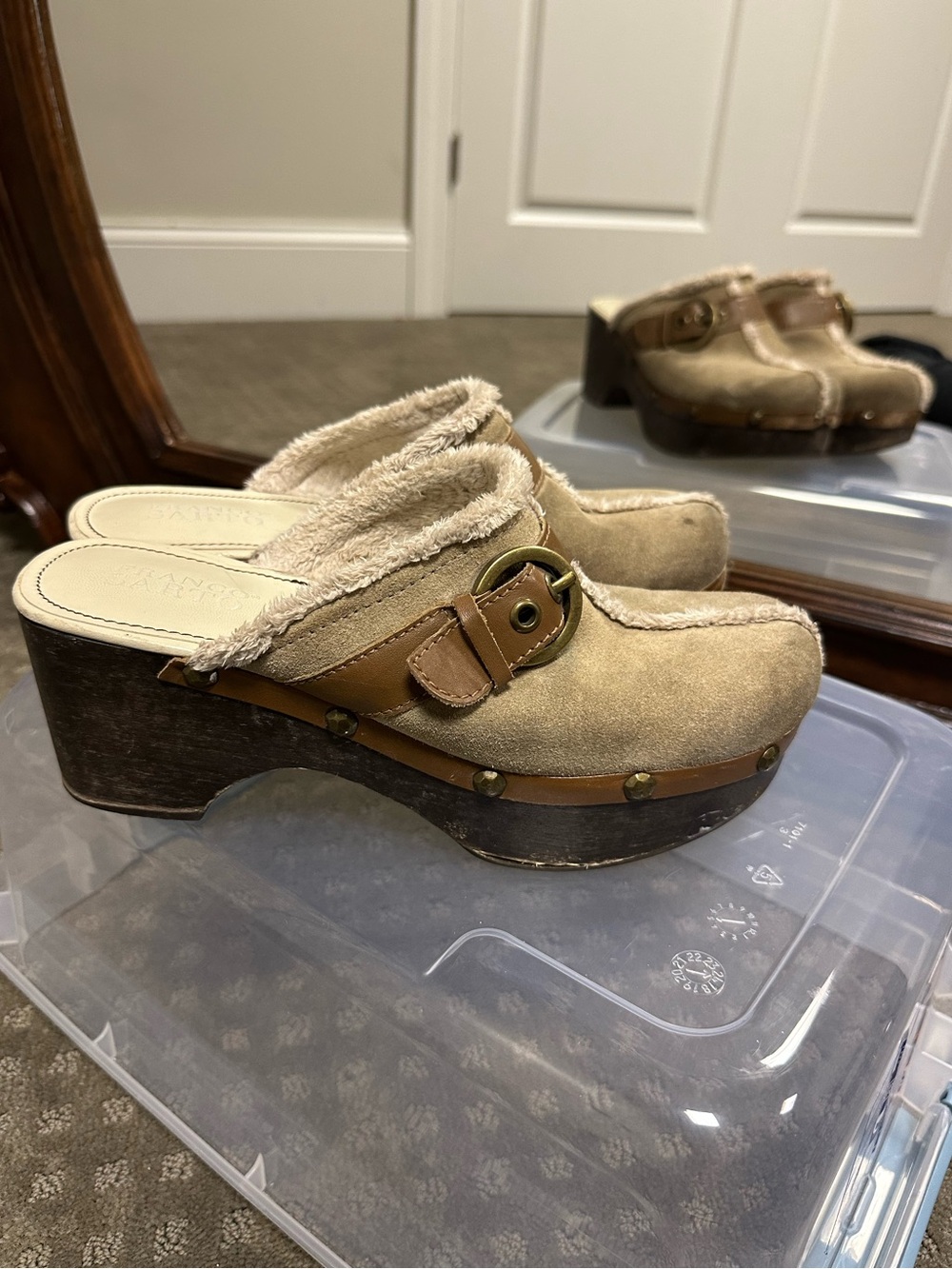 Franco Sarto Tan Faux-Shearling Clog Mules with Buckle